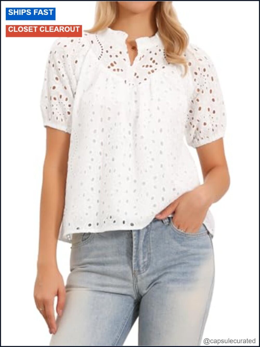Puff Sleeve Eyelet Top Mock Neck Embroidered Cotton Blouse